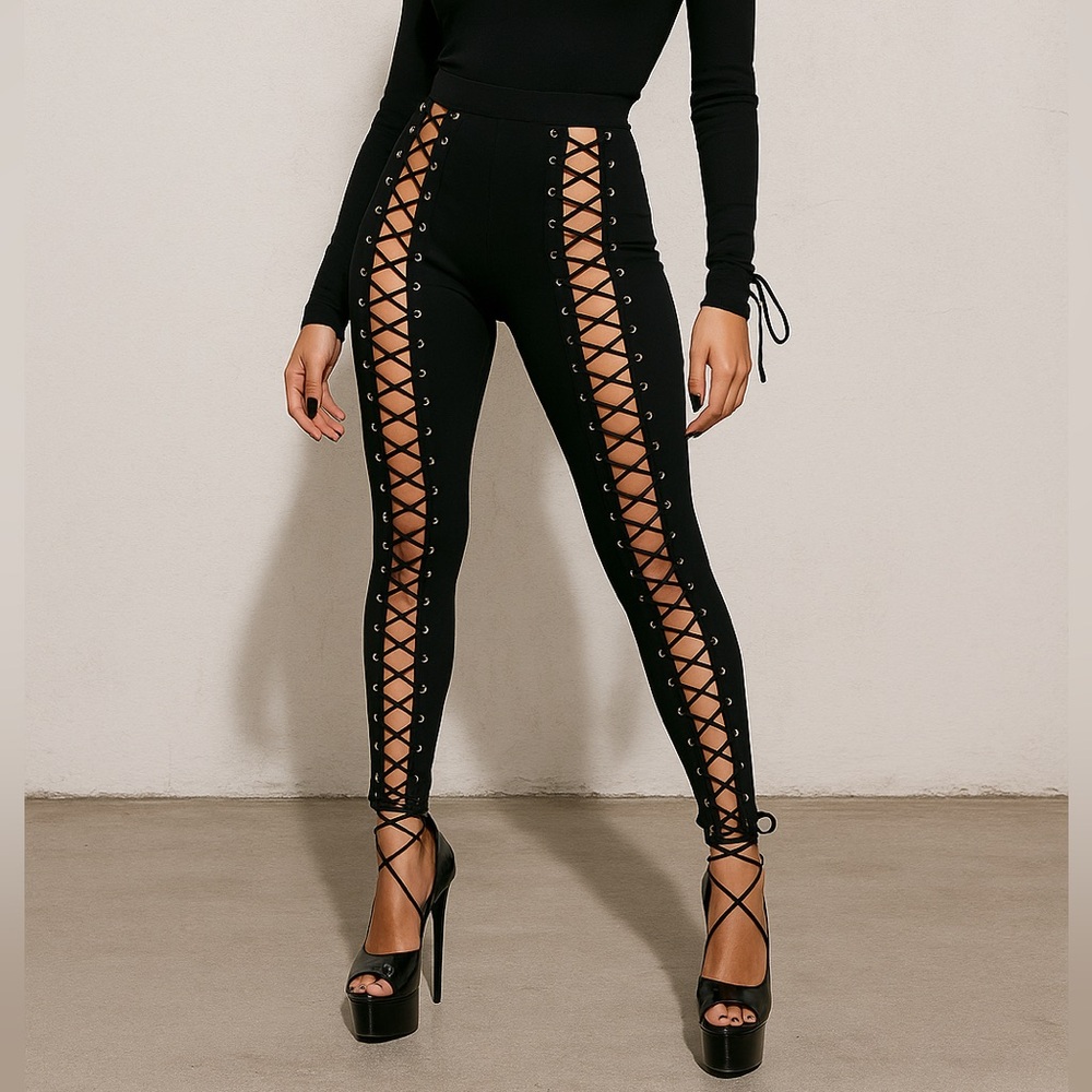 WILDCAT Lace Up Corset Jeans Ankle Length High Waist Skinny Jeans Black Size M